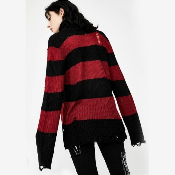 ♡ Killstar Seven Knit Sweater | Blood Red Distressed Raw Hem Extra Long Striped - Picture 4 of 8